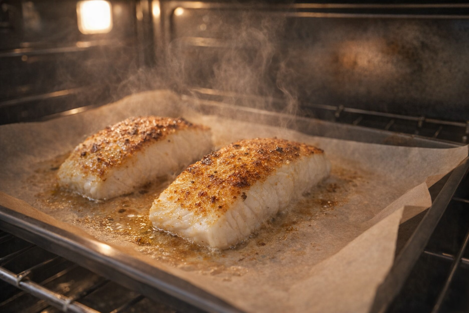 Halibut fillets baking in the oven on a parchment-lined baking sheet, golden brown on top, steam rising, oven light illuminating the fish